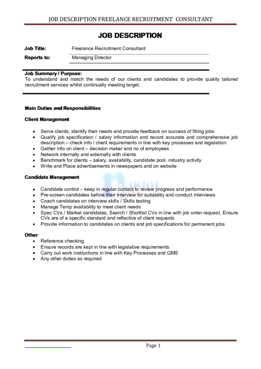 Job Description Template - Freelance Recruitment Consultant Printable pdf