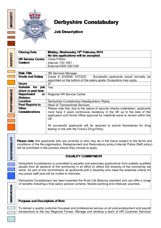 Derbyshire Constabulary Job Description Hr Services Manager Printable pdf