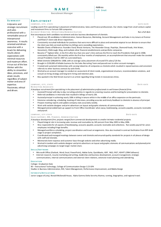 Sample Resume Recruitment Manager Printable pdf