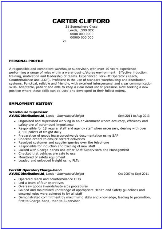 Sample Resume Supervisor Printable pdf