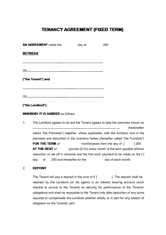 Tenancy Agreement (Fixed Term) Printable pdf