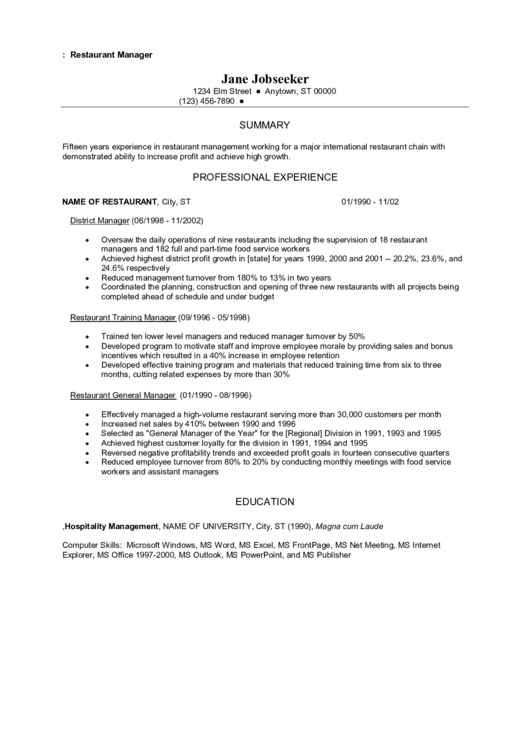 Sample Resume: Restaurant Manager Printable pdf