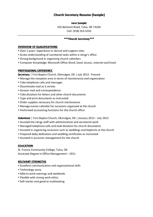 Church Secretary Resume (Sample) Printable pdf