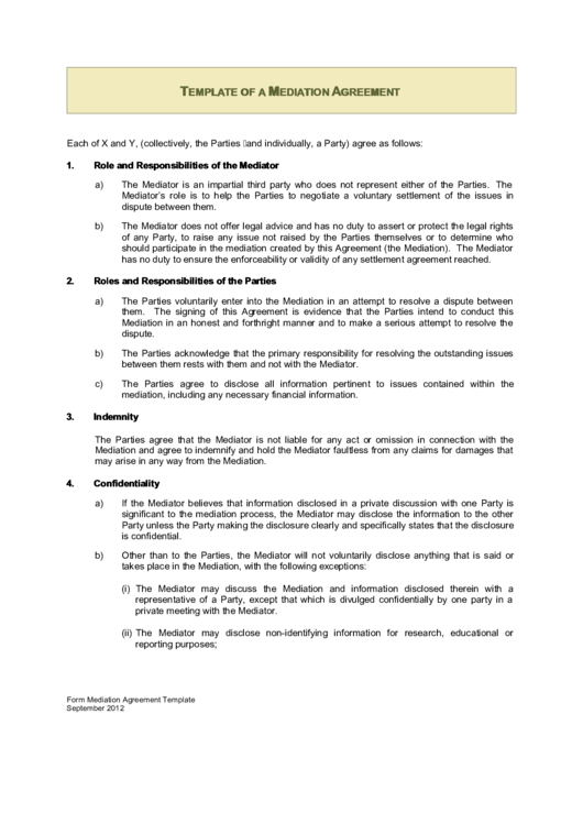 Template Of A Mediation Agreement Printable pdf