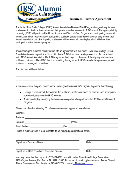 Irsc Alumni Business Partner Agreement Printable pdf