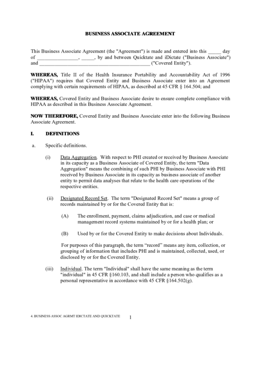 Business Associate Agreement Printable pdf