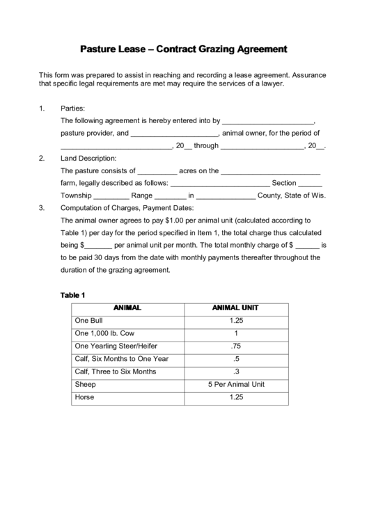 Pasture Lease - Contract Grazing Agreement Printable pdf