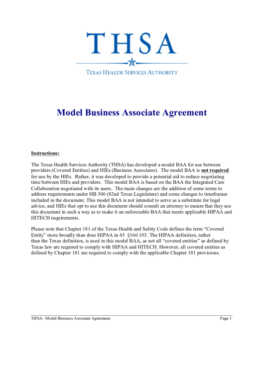 Model Business Associate Agreement Template Printable pdf