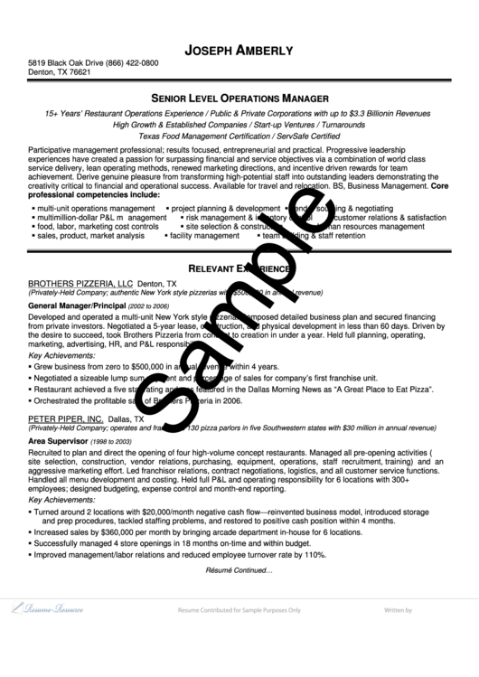 Sample Resume Senior Level Operations Manager Printable pdf