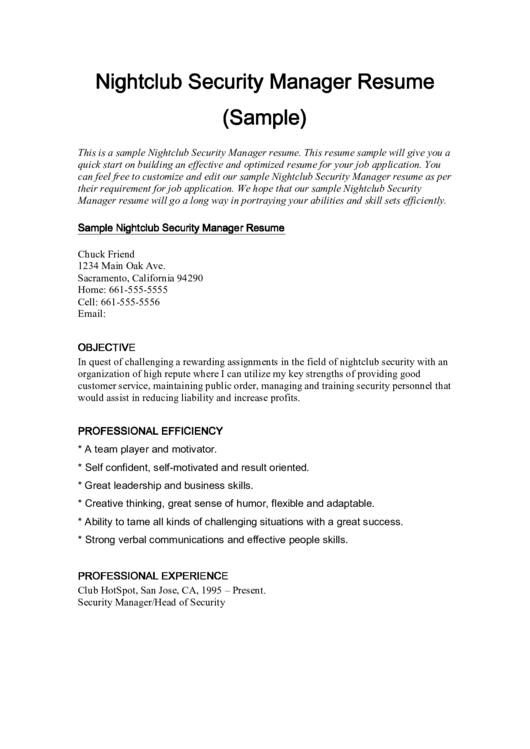 Nightclub Security Manager Resume (Sample) Printable pdf
