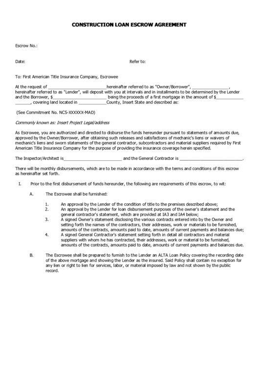 Construction Loan Escrow Agreement Template Printable pdf
