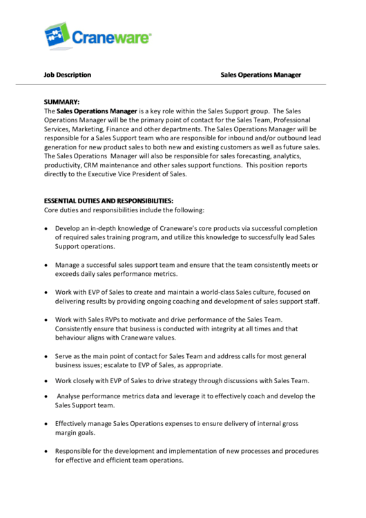 Job Description Template - Sales Operations Manager Printable pdf