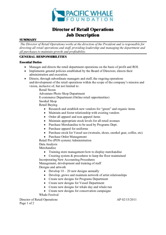 Pacific Whale Foundation Director Of Retail Operations Job Description Printable pdf