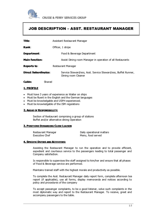 Job Description - Asst. Restaurant Manager Printable pdf