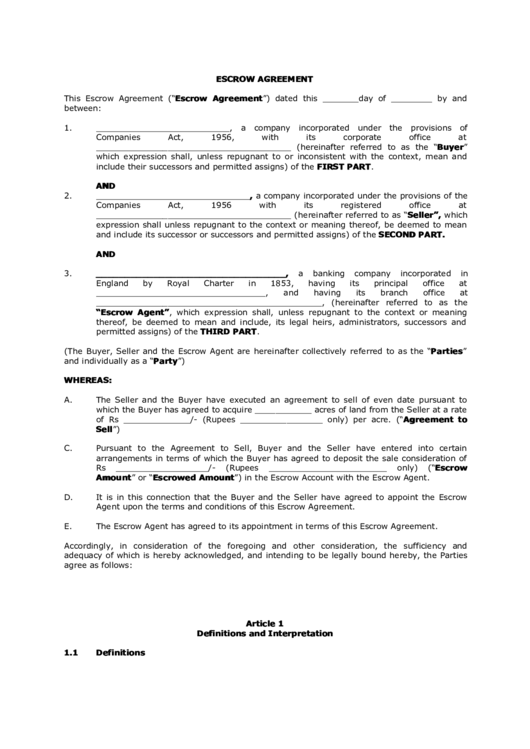 Escrow Agreement Printable pdf