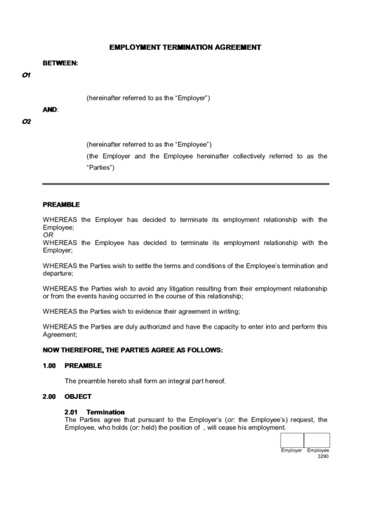 Employment Termination Agreement Printable pdf