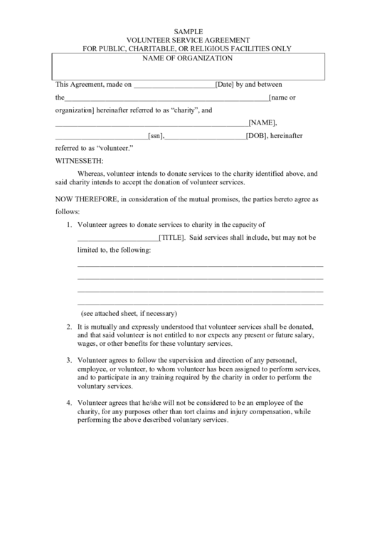 Volunteer Service Agreement Printable pdf