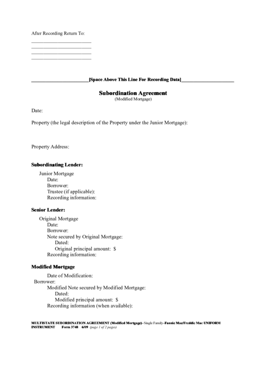 Subordination Agreement Form - Modified Mortgage Printable pdf
