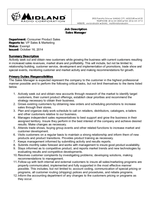 Midland Corp Job Description Sales Manager Printable pdf