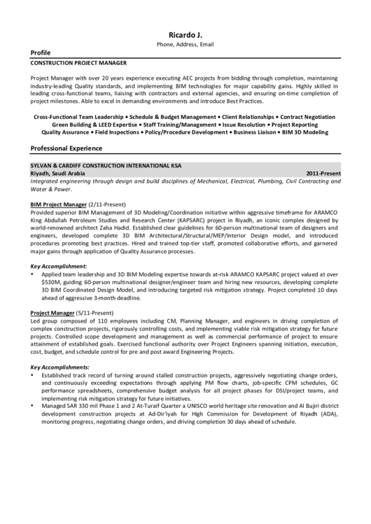 Construction Project Manager Sample Resume Printable pdf
