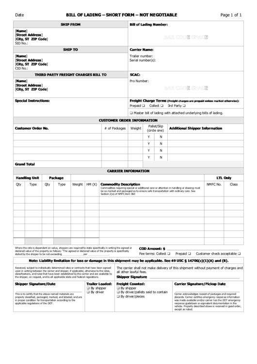 Bill Of Lading - Short Form - Not Negotiable Printable pdf