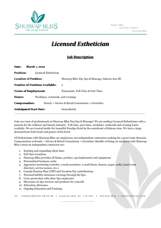 Licensed Esthetician Job Description Printable pdf