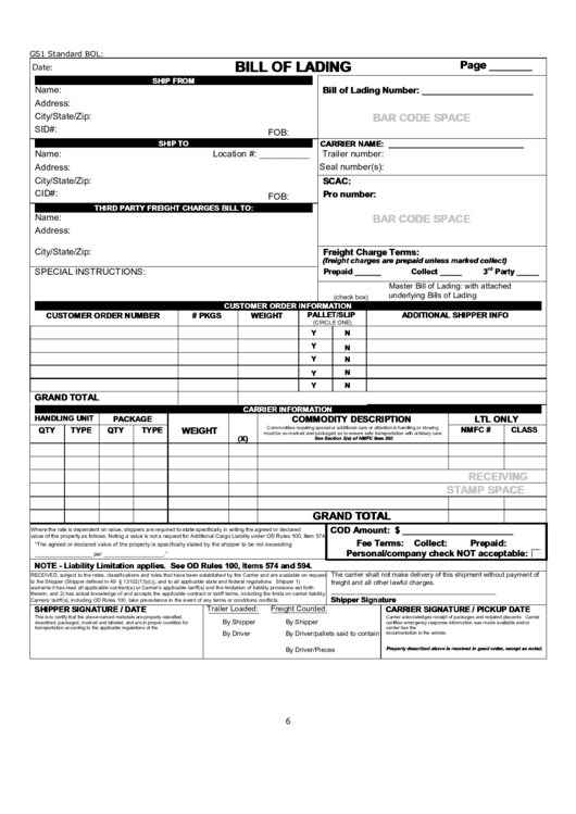 Fillable Bill Of Lading Printable pdf