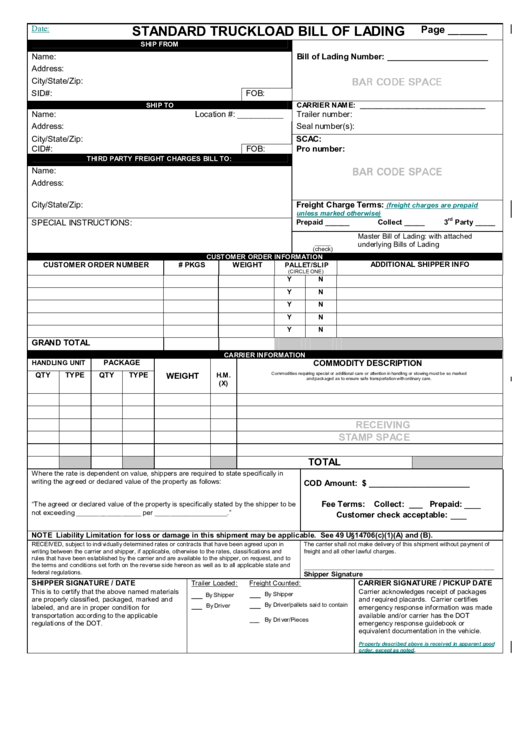 Standard Truckload Bill Of Lading Form Printable pdf