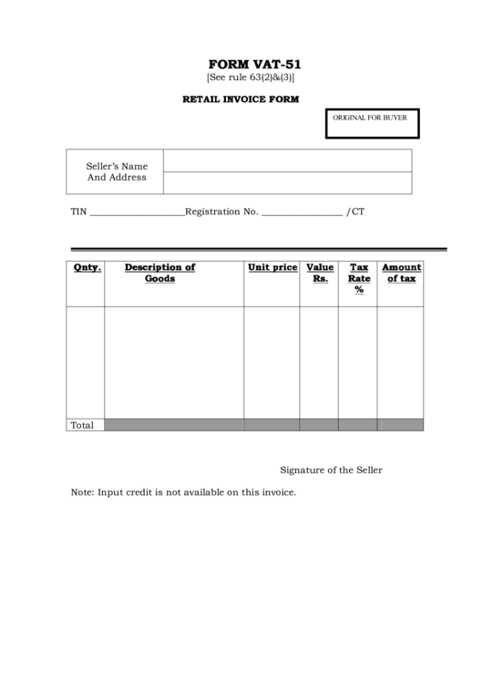 Form Vat-51 - Retail Invoice Form Printable pdf