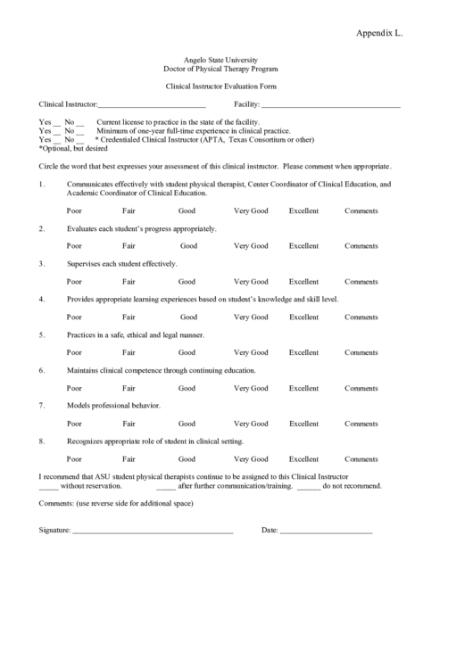 Angelo State University Clinical Instructor Evaluation Form Printable pdf