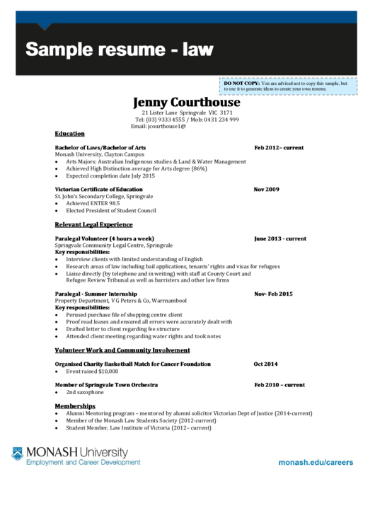 Monash University Sample Resume - Law Printable pdf