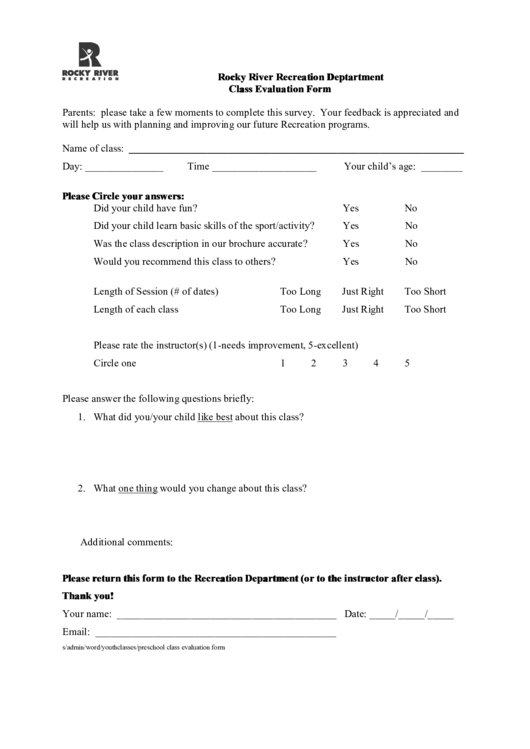 Class Evaluation Form Printable pdf