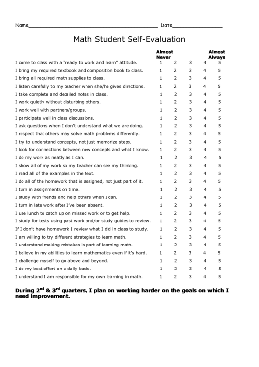 Math Student Self-Evaluation Printable pdf