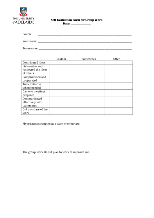 Self-Evaluation Form For Group Work With Team Name Printable pdf