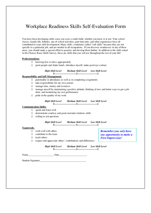 Workplace Readiness Skills Self-Evaluation Form Printable pdf