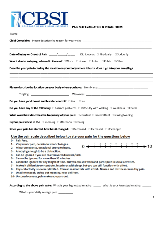 Pain Self Evaluation & Intake Form Printable pdf