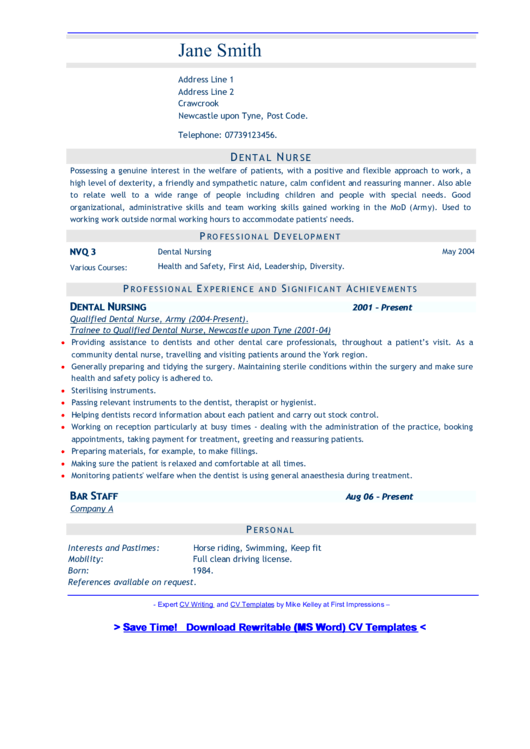 Sample Resume Dental Nurse Printable pdf