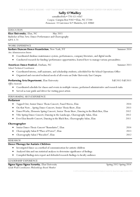 Sample Resume Dancer Resume Printable pdf