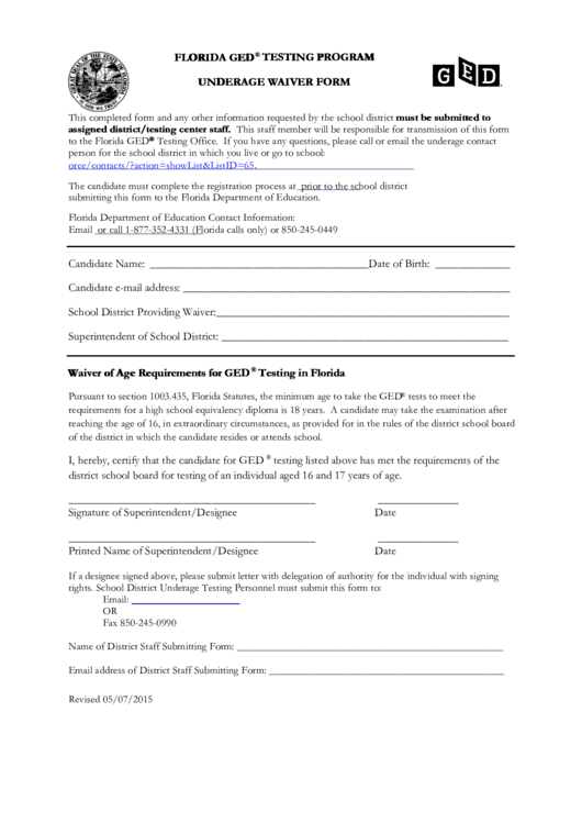 Fillable Underage Waiver Form 2015 Printable pdf