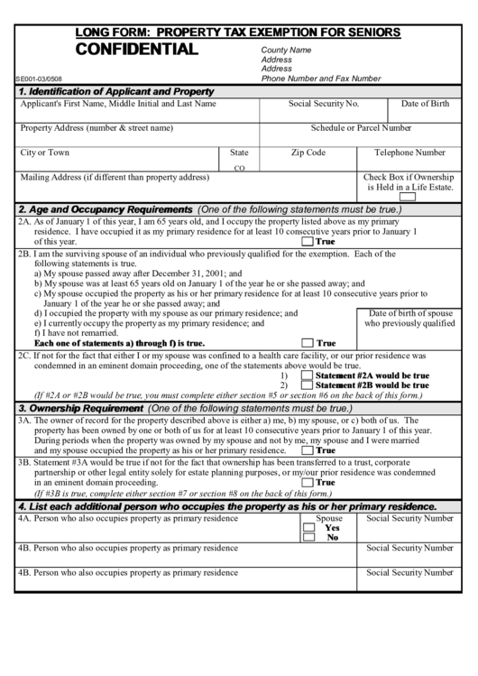 Fillable Long Form: Property Tax Exemption For Seniors Printable pdf