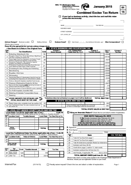 Combined Excise Tax Return Form - Washington State Department Of Revenue - 2015 Printable pdf