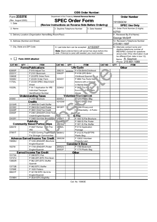 Fillable Form 2333te - Spec Order Form Printable pdf