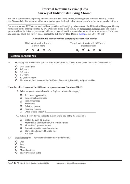 Form 14077 - Internal Revenue Service (Irs) Survey Of Individuals Living Abroad Form Printable pdf