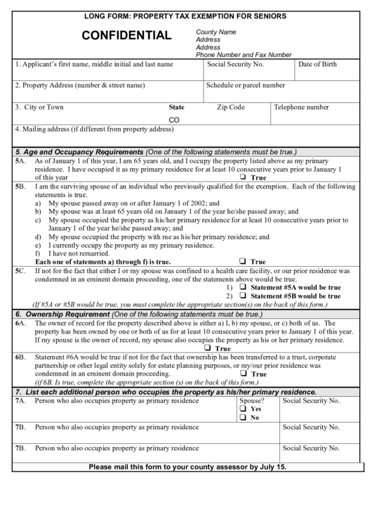 Long Form Property Tax Exemption For Seniors Printable Pdf Download