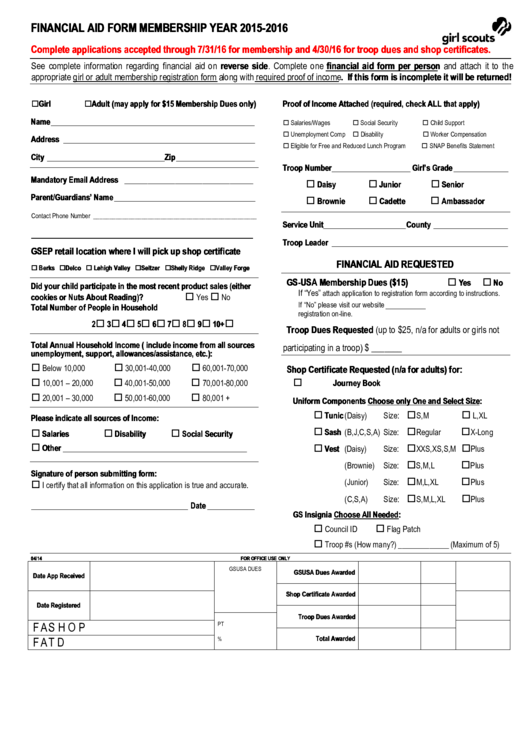 Financial Aid Form - Membership - 2015-2016 Printable pdf
