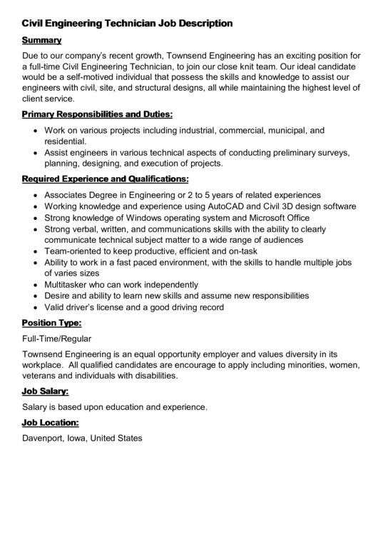 Civil Engineering Technician Job Description Printable pdf