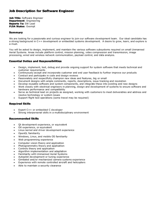 Job Description For Software Engineer Printable pdf