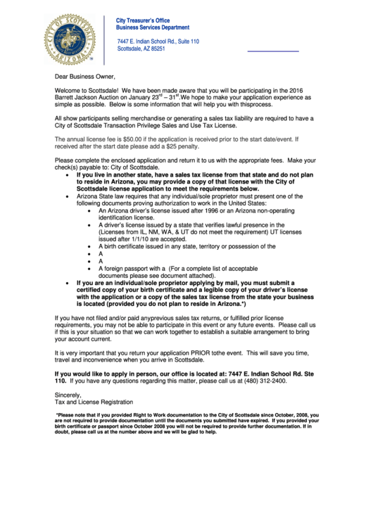 Transaction Privilege (Sales) Tax Or Business, Occupational And Professional License Application Form With Licensing Eligibility Checklist For Sole Proprietors Printable pdf