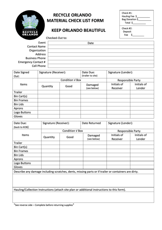 Material Checklist Form City Of Orlando Printable pdf