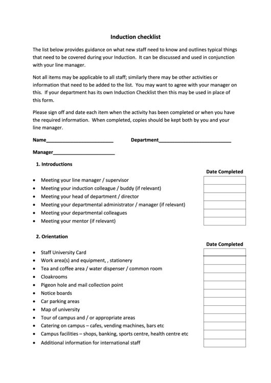 Induction Checklist - University Of York Printable pdf